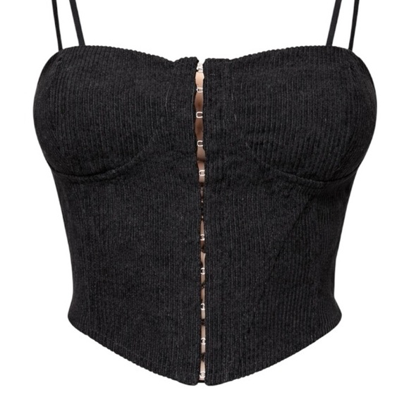 90s Black Corduroy Corset Top Hook Eye Closure Y2K Indie Sleaze Dark Coquette M - Picture 6 of 8